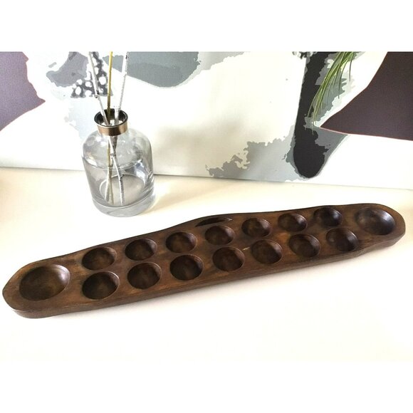 Vintage Hand-Carved Wooden African Mancala Game Board Carved Pits Natural Patina - Picture 1 of 12